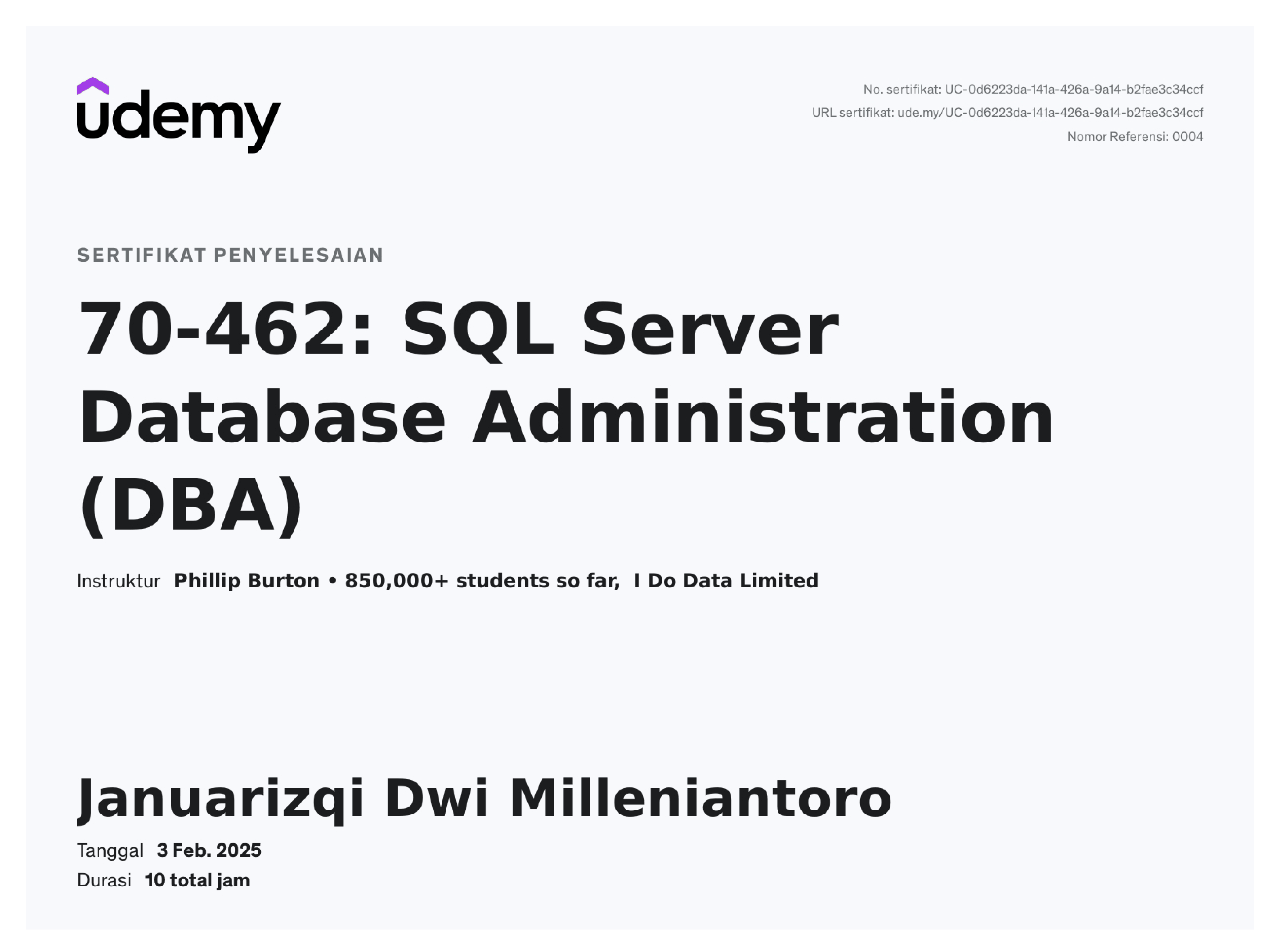 Sertifikat 70-462 SQL Server Database Administrator (DBA)